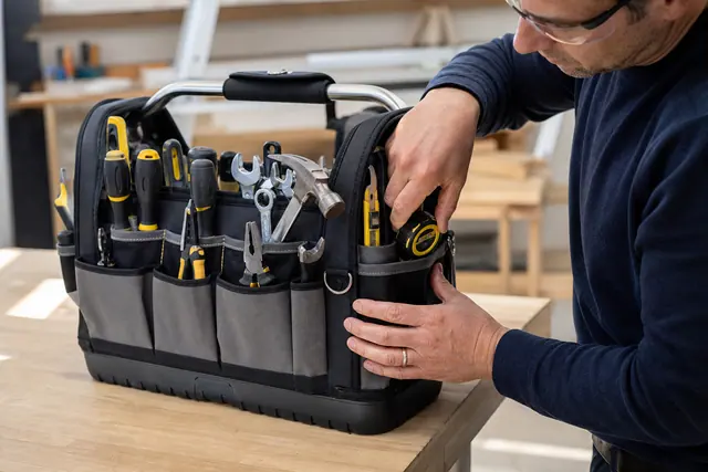 Sac ouvert montrant tournevis, pinces, mètre, niveau et marteau rangés dans un atelier.