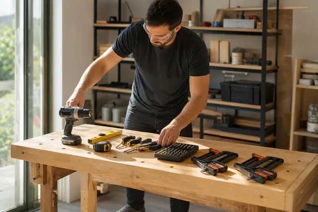 Établi organisé avec perceuse, outils manuels et protections pour débuter le bricolage.