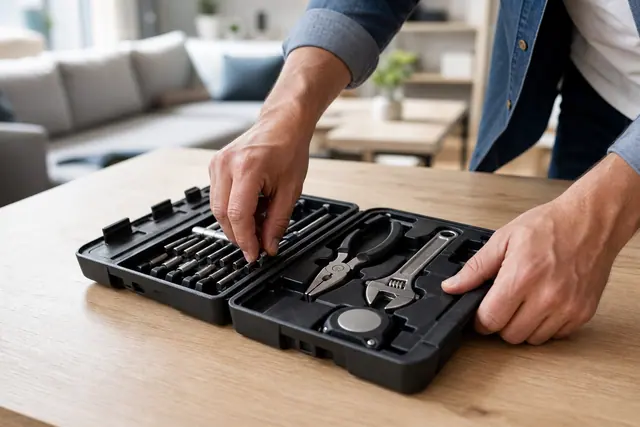 Petit coffret d’outils ouvert avec pince, embouts et mètre ruban.