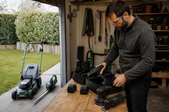 Outils sans fil de bricolage et jardin rangés sur un établi