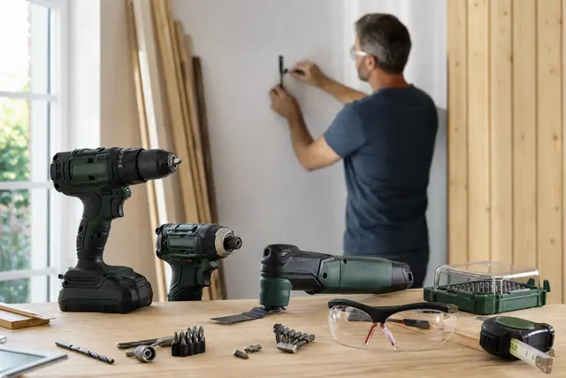 Trois outils sans fil et accessoires rangés sur un établi de bricolage.