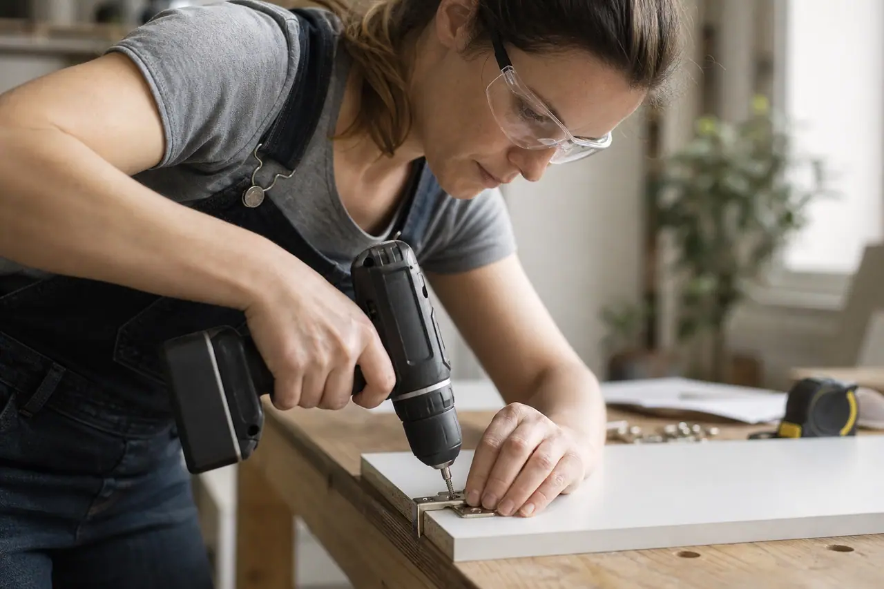 Bricoleuse vissant une charnière de meuble avec une petite visseuse sans fil