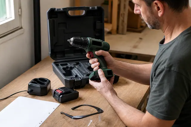 Perceuse-visseuse sans fil et accessoires contrôlés sur un établi domestique.