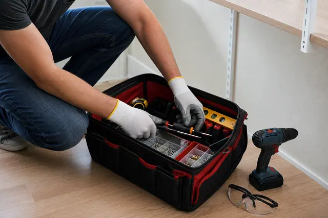 Sac à outils ouvert et rangé pour les réparations courantes d’un appartement.