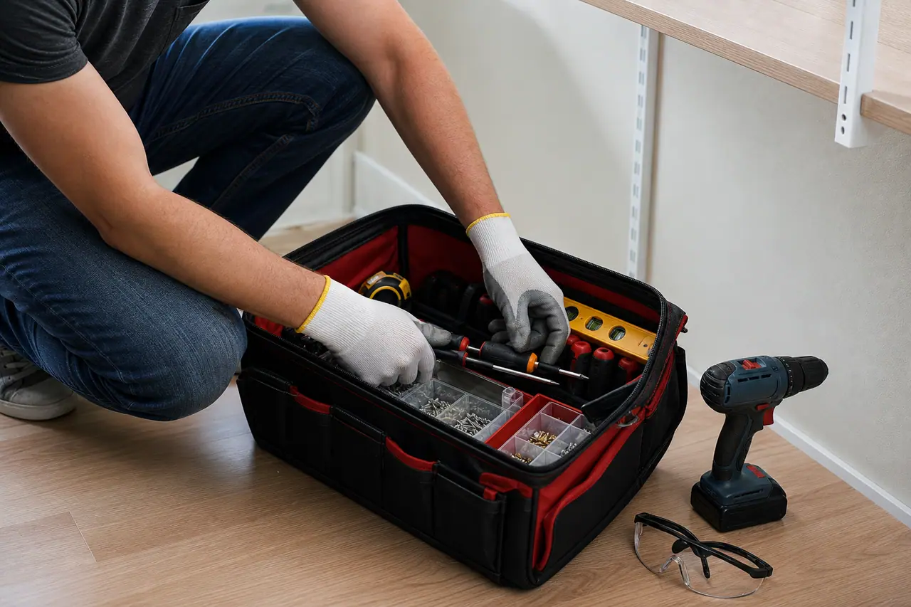 Sac à outils ouvert et rangé pour les réparations courantes d’un appartement.