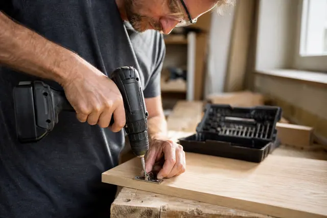 Bricoleur équipé vissant une charnière avec une perceuse-visseuse compacte.