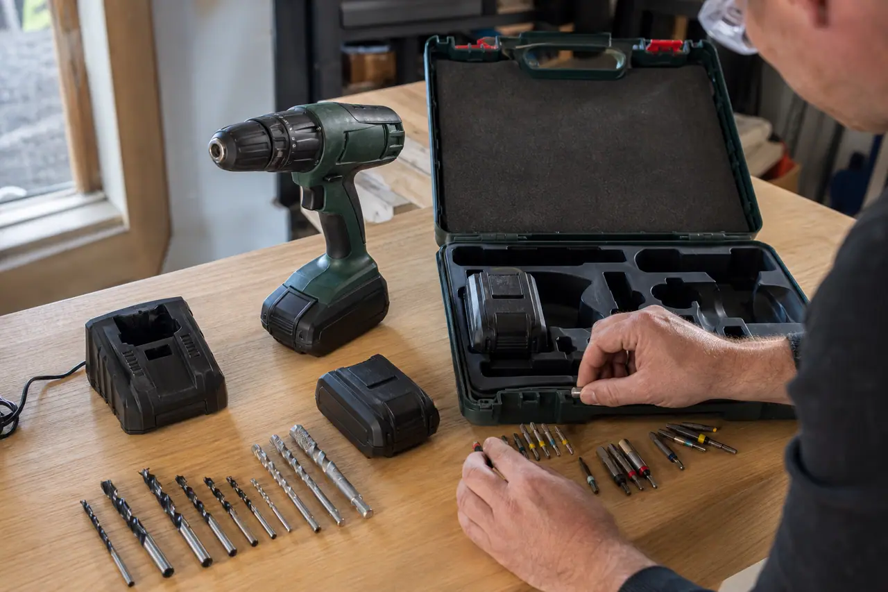 Coffret de perceuse-visseuse avec batteries, chargeur, embouts et forets sur établi.