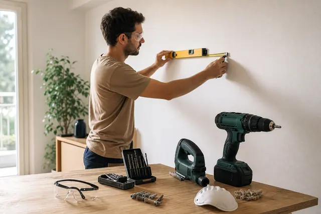 Kit d’outils débutant organisé pour monter et fixer une petite étagère.