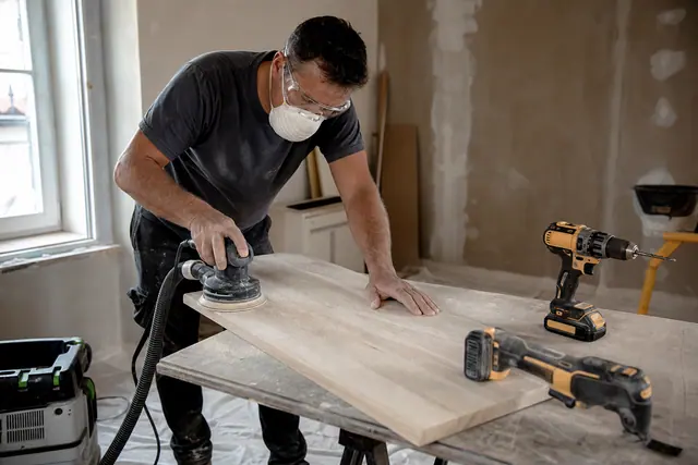 Bricoleur équipé préparant une planche avec trois outils de rénovation.