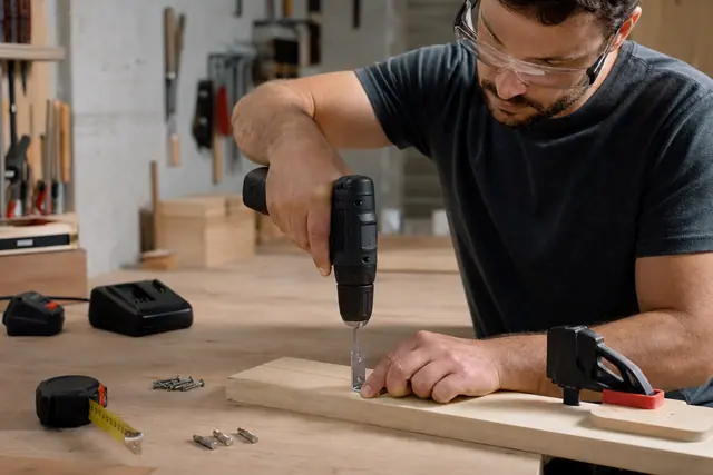 Petite perceuse-visseuse sans fil utilisée pour fixer une équerre sur une planche.
