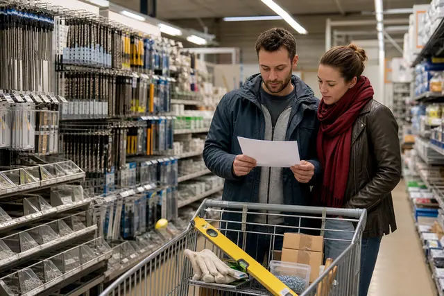 Clients préparant leurs achats d’outillage dans une allée de bricolage lumineuse.