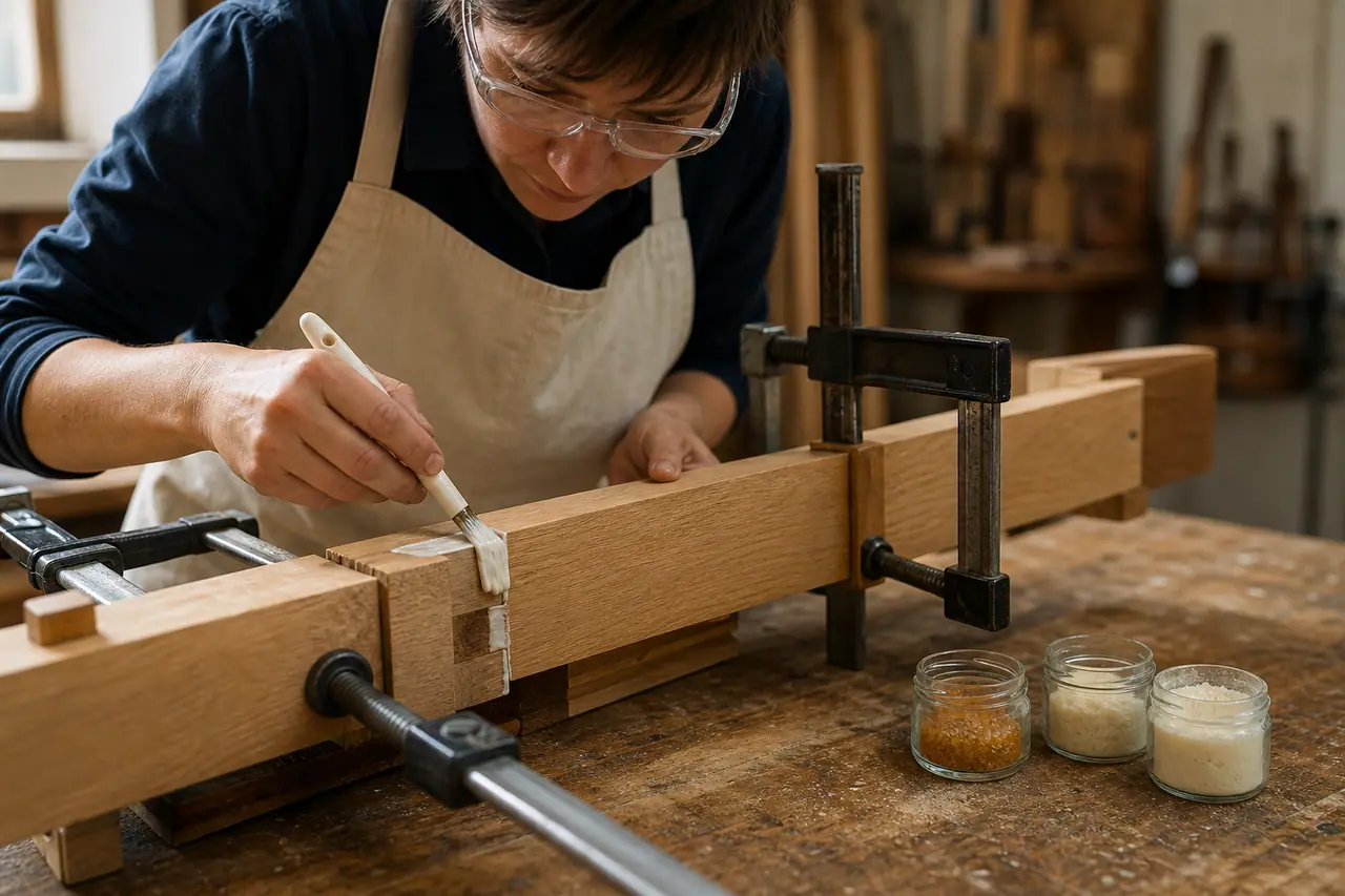 Application soigneuse de colle sur un assemblage en chêne maintenu par serre-joints.