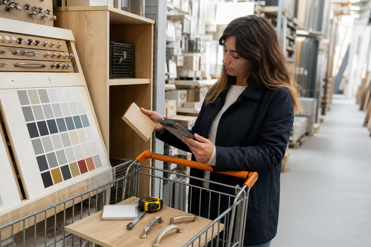 Cliente préparant des échantillons de peinture et rangements dans un magasin urbain.