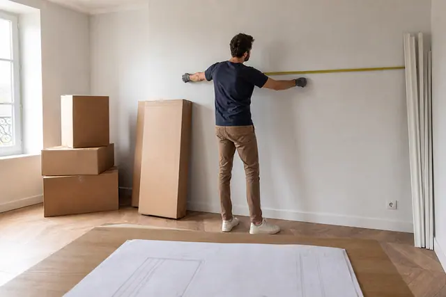 Personne mesurant un mur avant l’installation d’une bibliothèque dans un appartement.