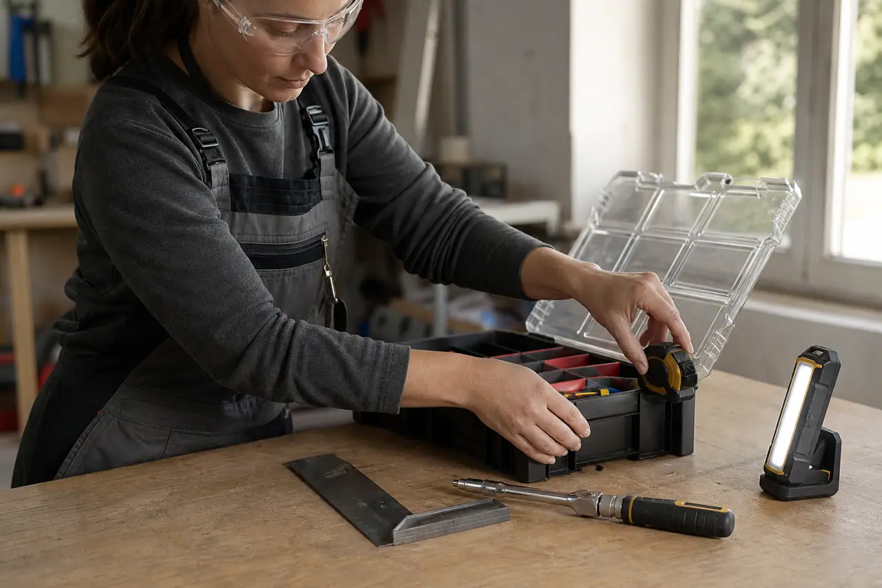 Établi ordonné avec mètre, lunettes, lampe LED et organisateur d’outils