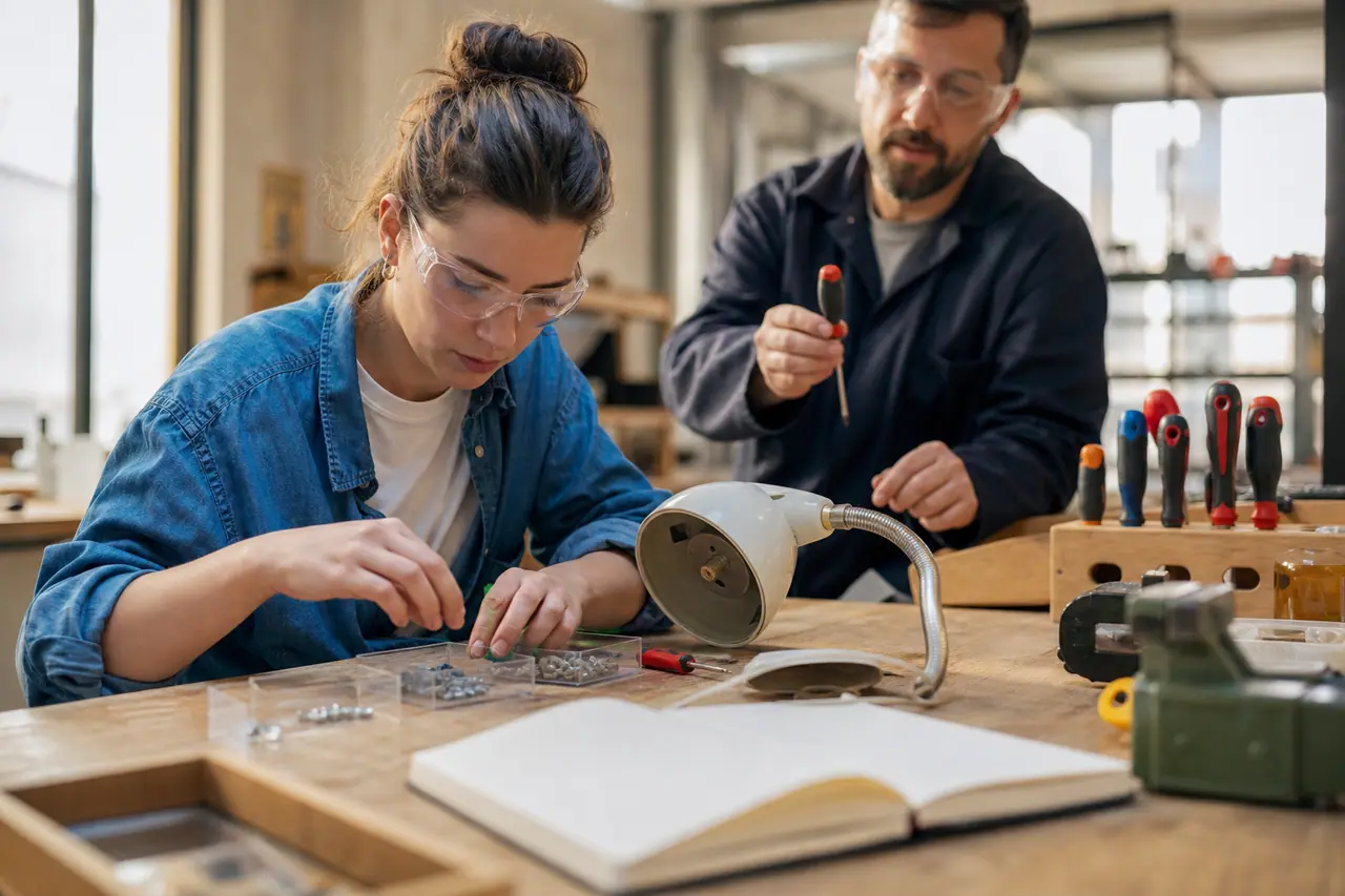 Débutante réparant une lampe débranchée dans un atelier encadré et lumineux.