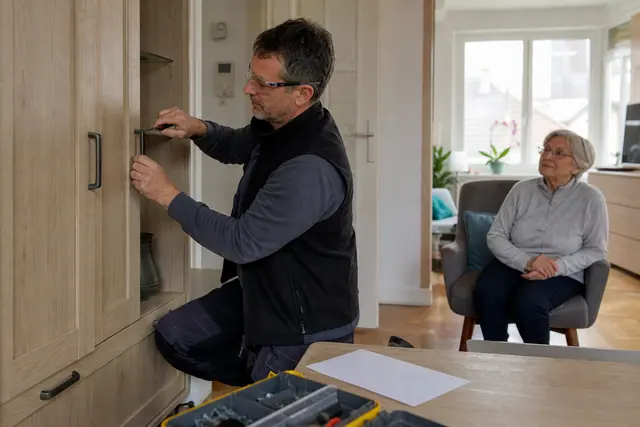 Intervenant équipé réparant une poignée de placard sous le regard d’une personne âgée.