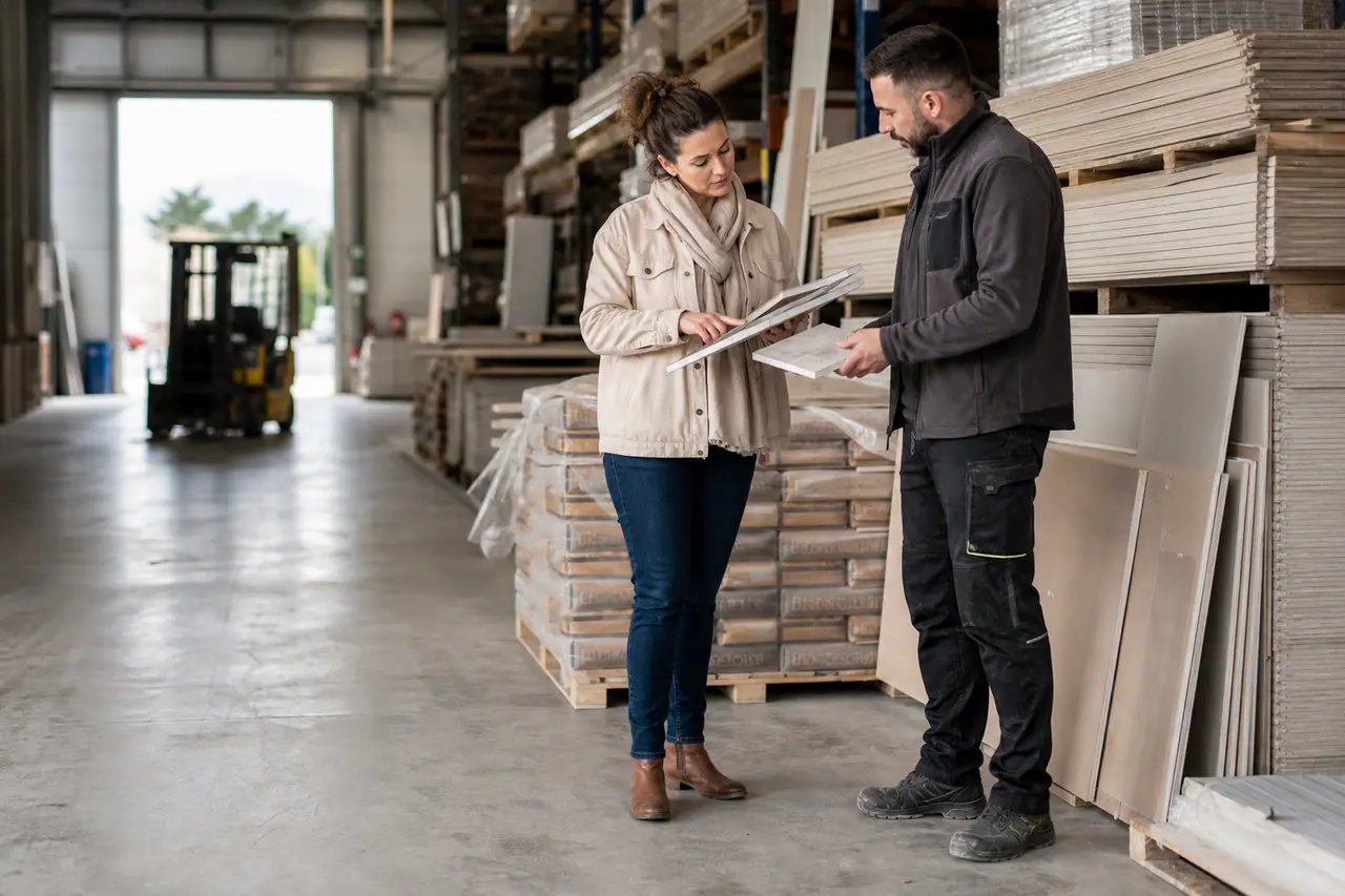 Cliente et conseiller comparent des matériaux dans un dépôt de bricolage local.
