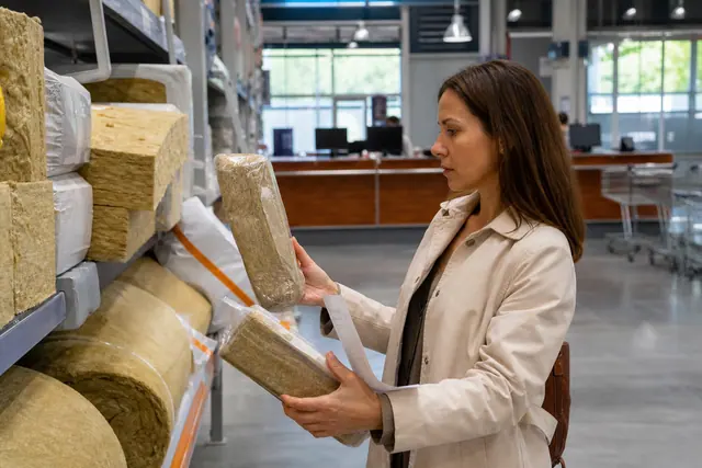 Cliente comparant des matériaux isolants dans un magasin de bricolage bien rangé