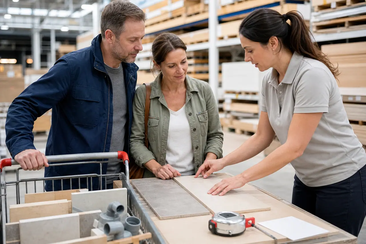 Couple comparant des échantillons de carrelage avec une conseillère en magasin
