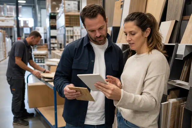 Clients comparant des matériaux de rénovation dans un magasin de bricolage.