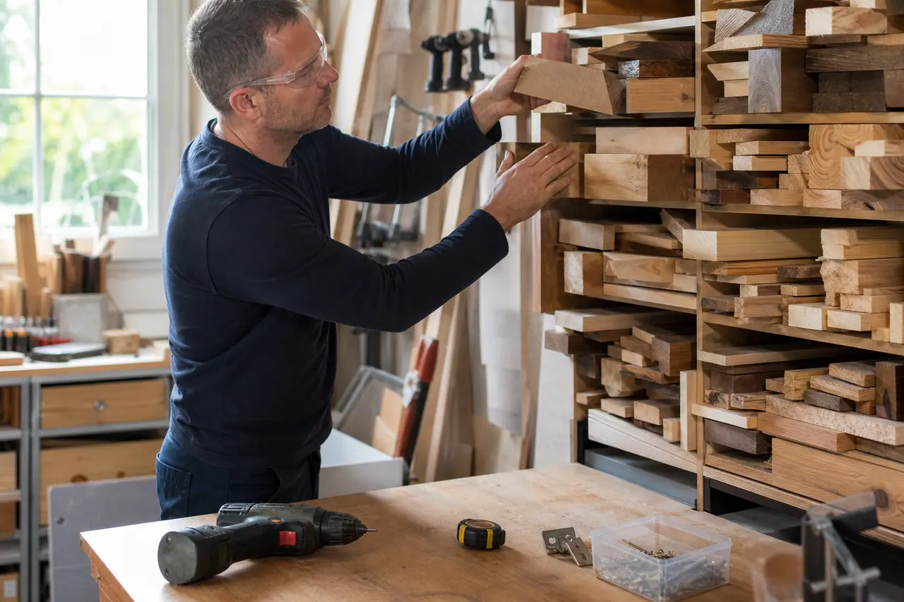 Bricoleur rangeant des chutes de bois et entretenant ses outils dans un atelier.