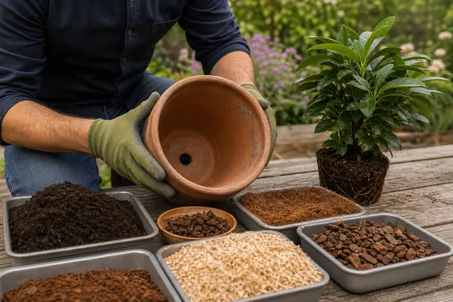 Mélange de compost, coco et fibre de bois pour rempoter une plante.