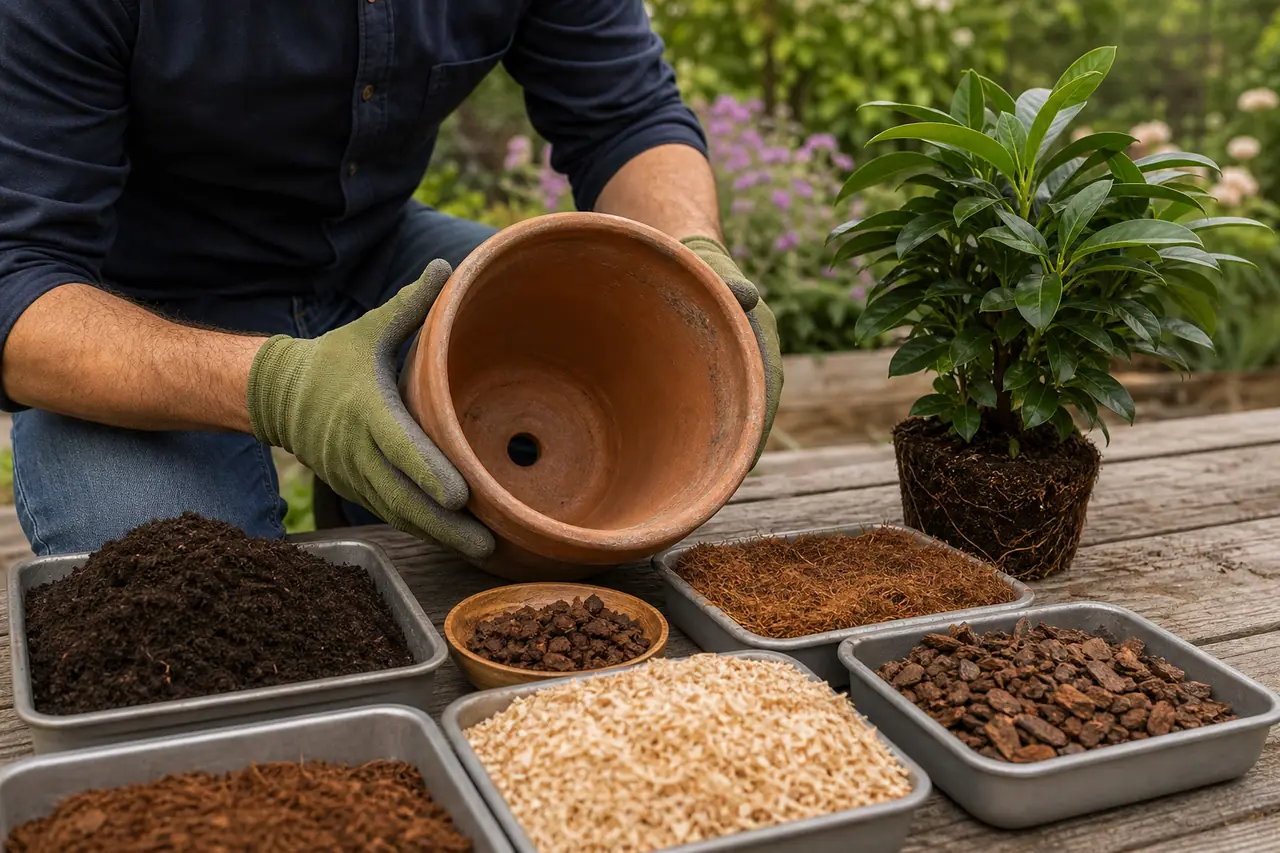 Mélange de compost, coco et fibre de bois pour rempoter une plante.