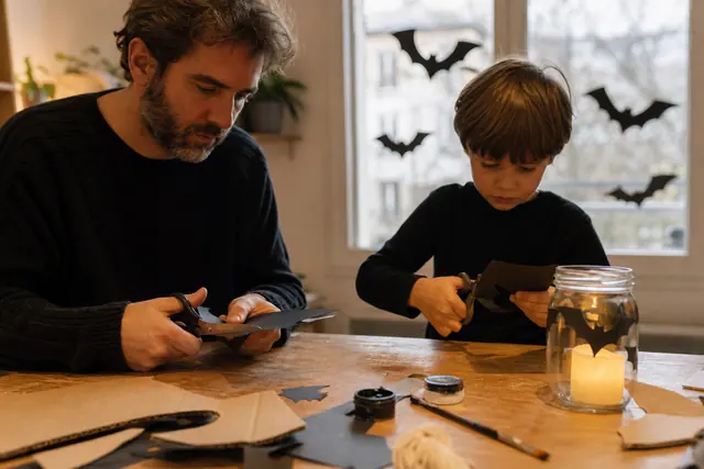 Enfant découpant des silhouettes en papier pour décorer une fenêtre d’Halloween