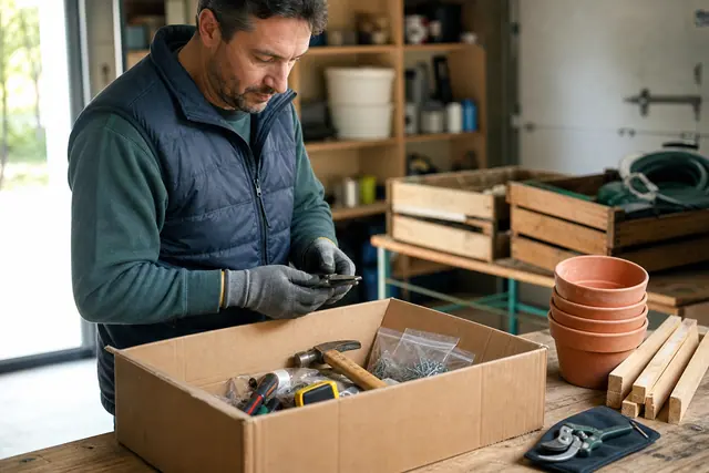 Tri d’outils propres et de matériel de jardinage avant un don solidaire.