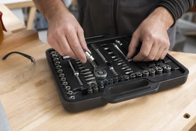 Coffret d’outils ouvert avec douilles, embouts et cliquet sur établi en bois.