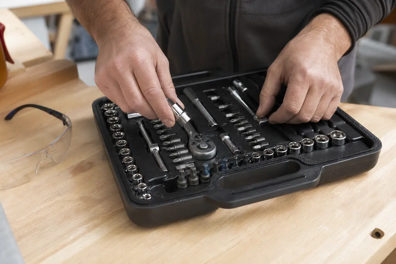 Coffret d’outils ouvert avec douilles, embouts et cliquet sur établi en bois.
