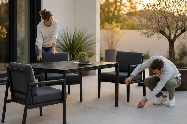 Couple mesurant l’espace autour d’un salon de jardin sur une terrasse