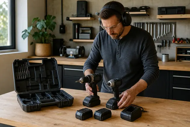 Bricoleur organisant perceuse, batteries et chargeur sur un établi d’atelier.