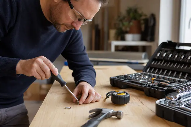 Bricoleur vérifiant les outils d’un coffret ouvert sur un établi domestique.
