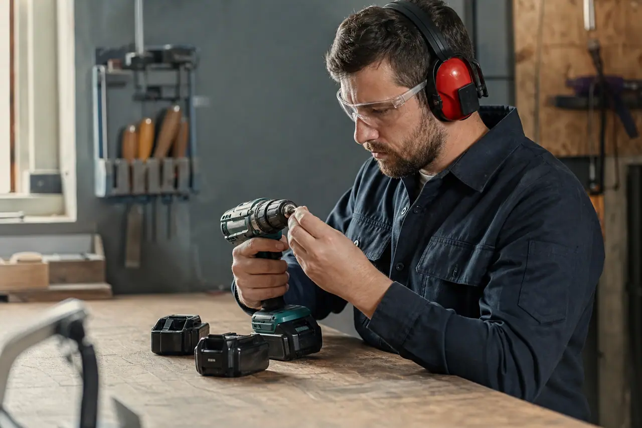 Bricoleur équipé de lunettes préparant une perceuse sans fil sur établi