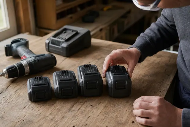 Batteries d’outils sans fil de différentes capacités sur un établi en bois.