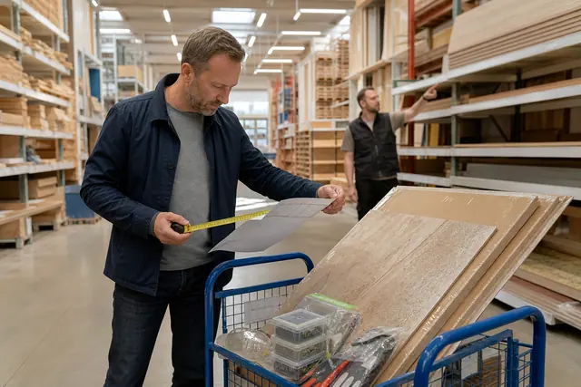 Client prépare son chariot avec plan coté et matériaux de bricolage.