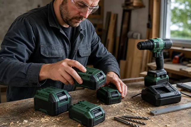Batteries 18 V et visseuse rangées sur un établi d’atelier.