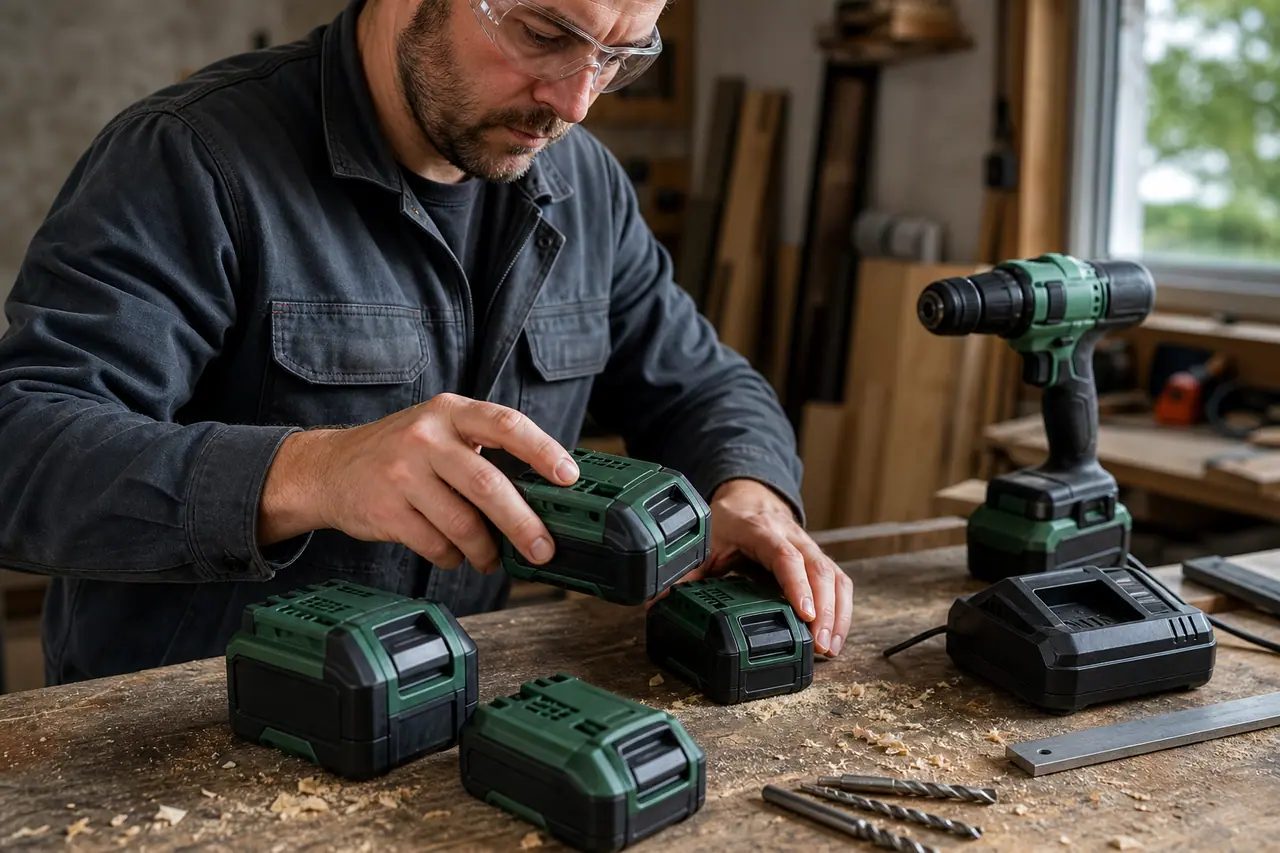 Batteries 18 V et visseuse rangées sur un établi d’atelier.