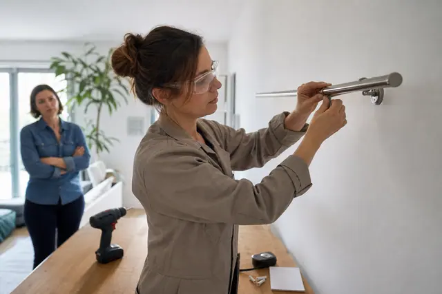 Intervenante équipée fixant une tringle dans un salon lumineux et rangé.