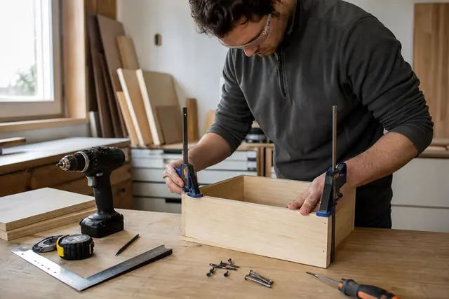 Débutant assemblant une caisse en bois sur un établi avec serre-joints et lunettes.