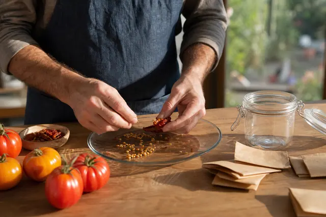 Jardinier triant des graines de tomates séchées sur une assiette en verre