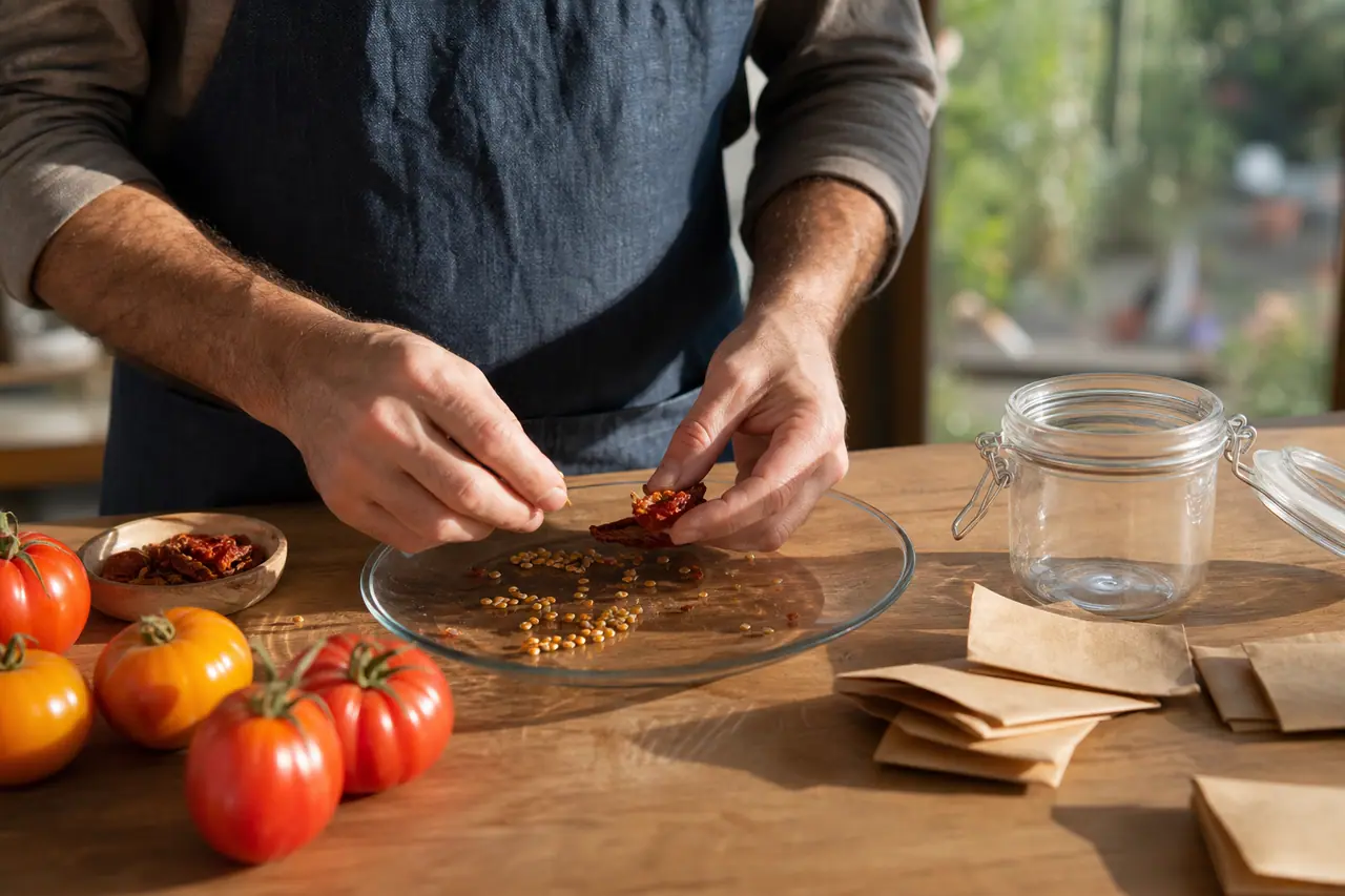 Jardinier triant des graines de tomates séchées sur une assiette en verre