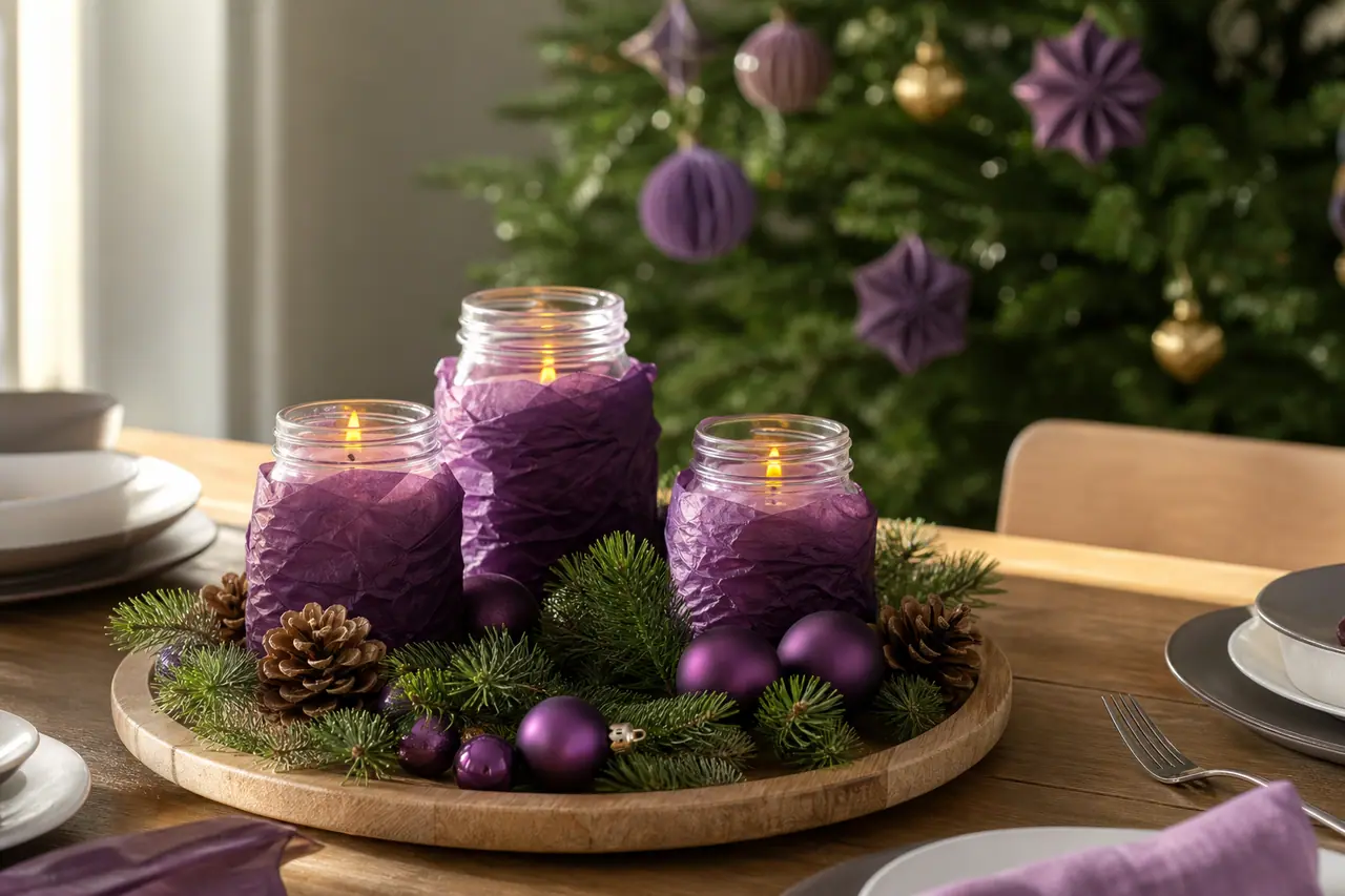 Centre de table violet avec bocaux lumineux et sapin décoré en arrière-plan.