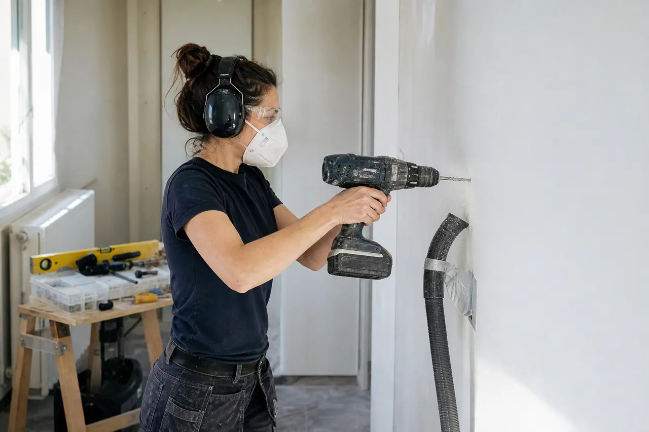 Bricoleuse équipée perçant un mur avec une perceuse sans fil