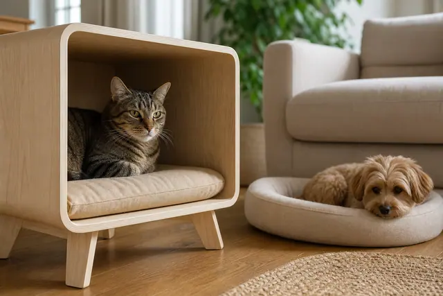 Chat installé dans une niche en bois assortie au salon contemporain.