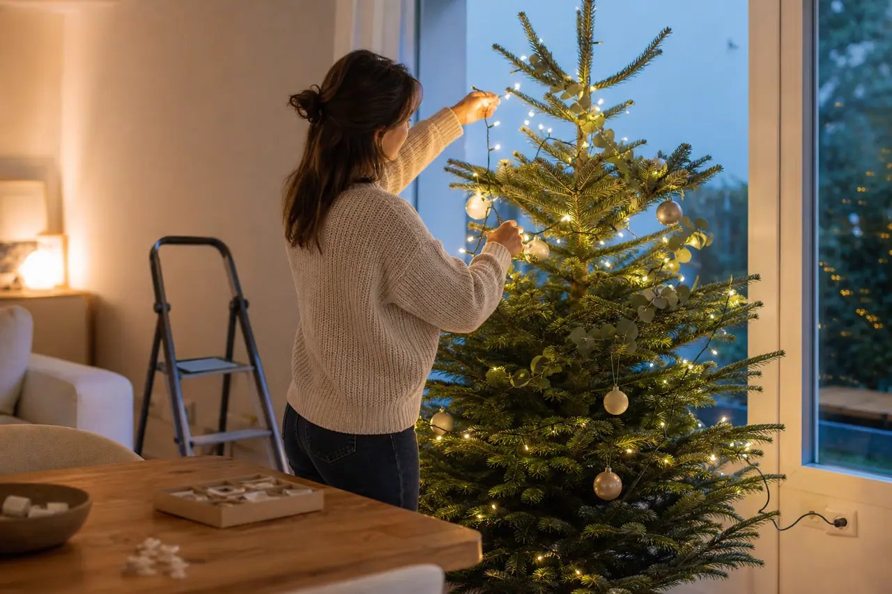 Guirlande LED chaude installée sur un sapin près d’une fenêtre