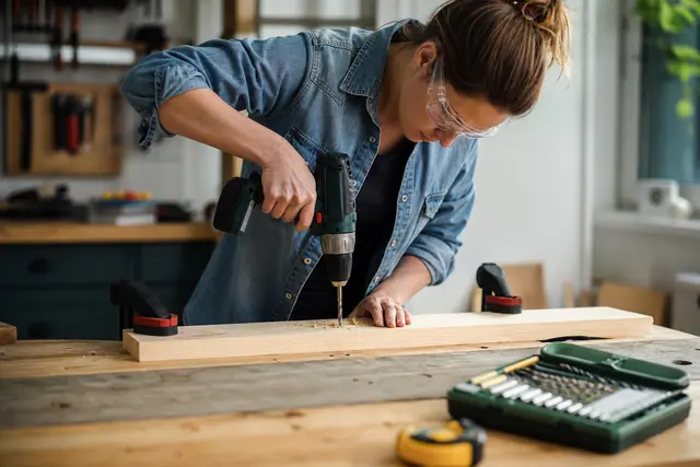 Bricoleuse perçant une planche serrée sur établi avec une perceuse sans fil