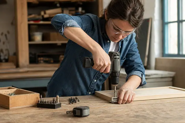 Bricoleuse équipée vissant une charnière sur panneau de bois avec perceuse sans fil.